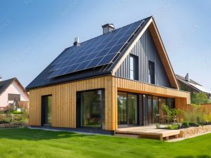 Modern wooden house with solar panels on the roof. 3d rendering.  Eco friendly passive house with a photovoltaic system on the roof.