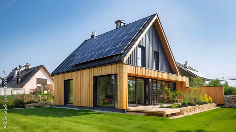 Modern wooden house with solar panels on the roof. 3d rendering.  Eco friendly passive house with a photovoltaic system on the roof.